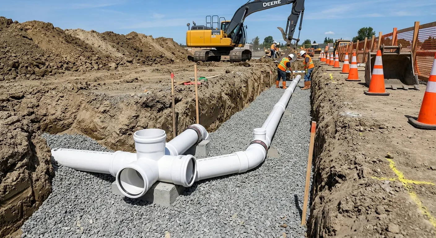 New PVC sewer pipe installation in open trench for Sewer Backup in Roselle Park