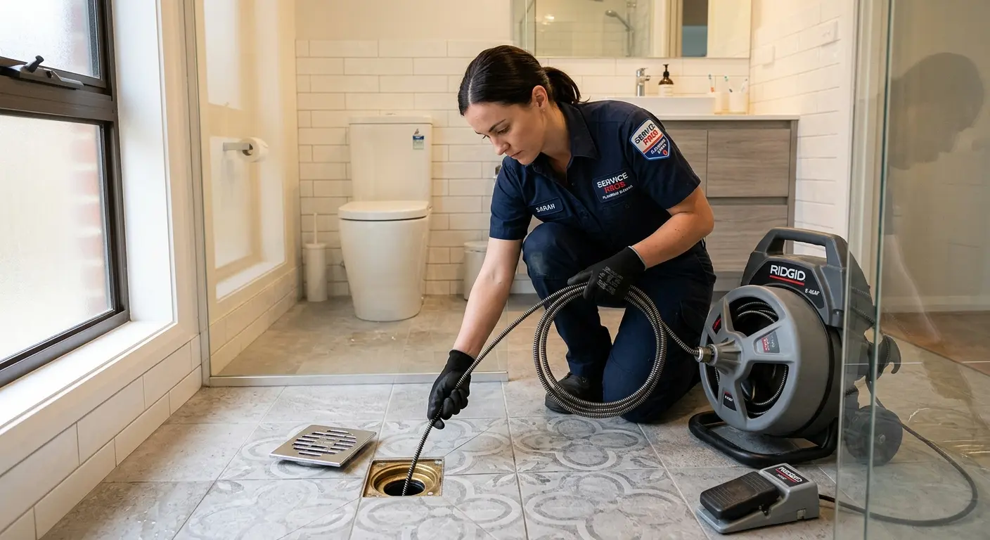 Technician clearing a bathroom floor drain for Hydro Jetting in Roselle Park